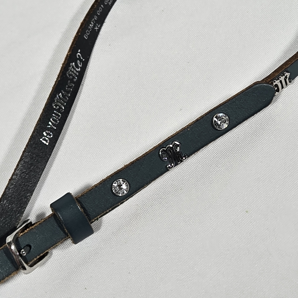 Miss Me Womens XL Soft Green Rhinestone Leather Belt Silver Buckle & Logo Skinny